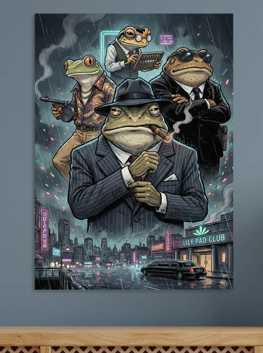 Gangster Frogs in a Rainy City — metal poster wall art by Lineer